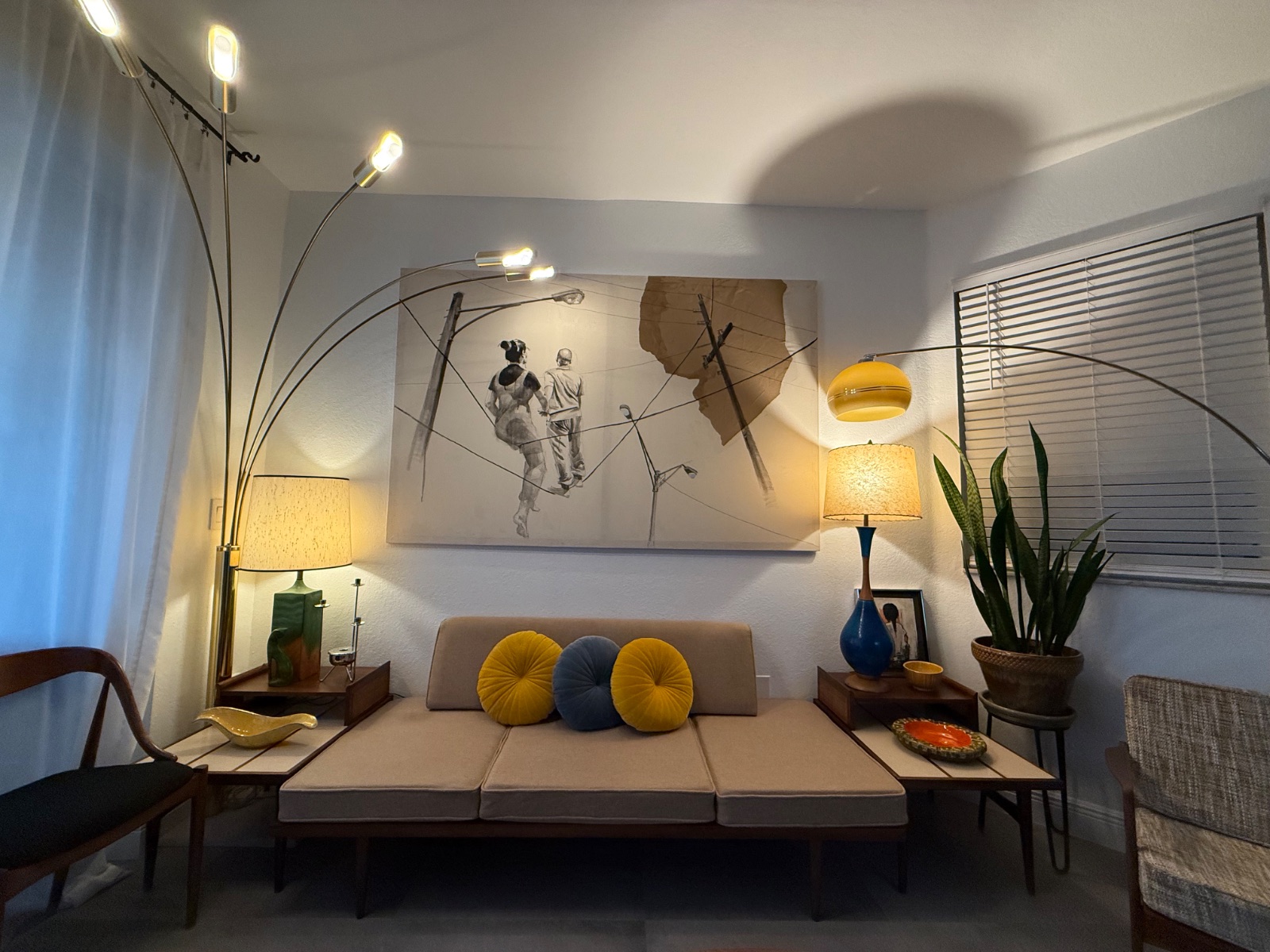 Living room with five-arm floor lamp