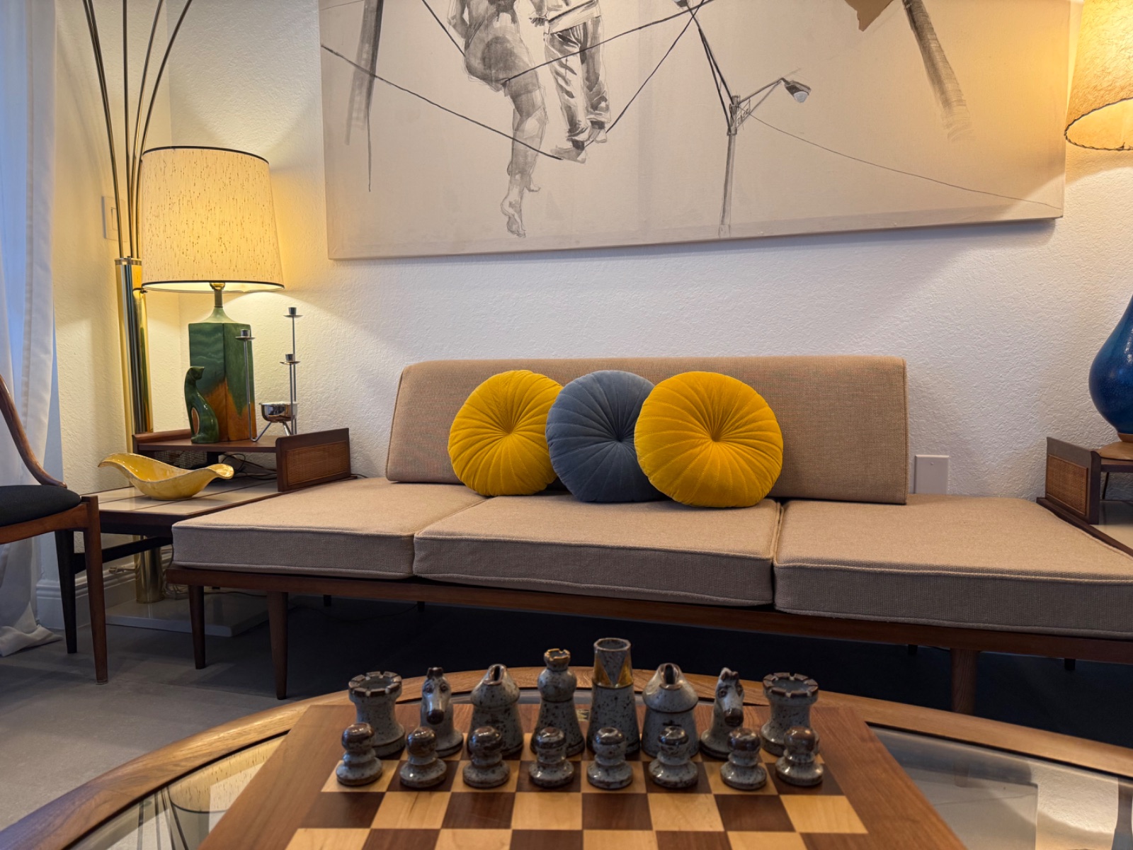 Mid-century living room with chess set