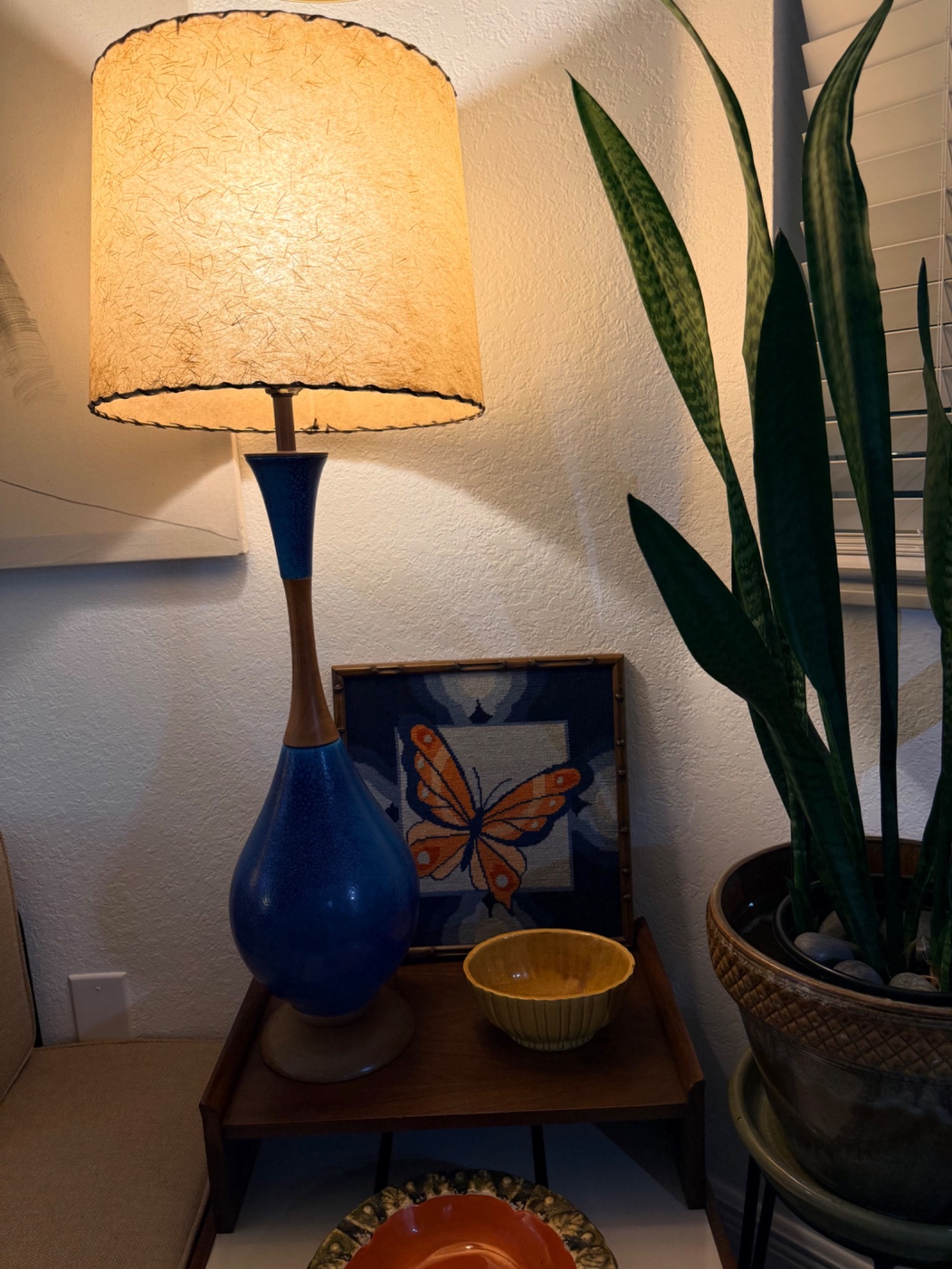 Blue mid-century lamp with butterfly needlework